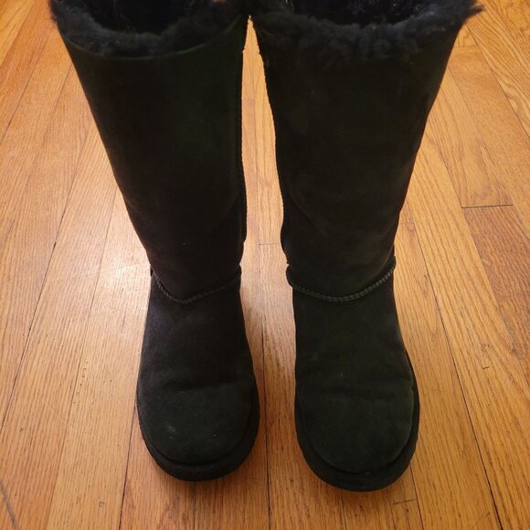 UGG 5 Black Suede Leather Sheepskin BAILEY BOW II Tall Boots - Picture 3 of 10